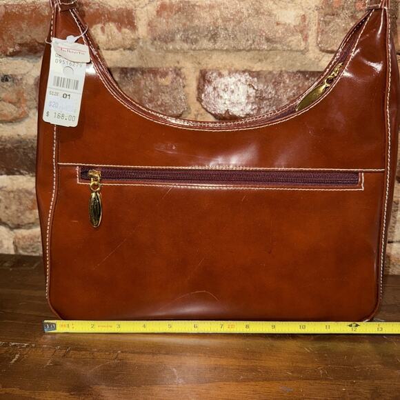 Talbots NWT Vintage Brown Patent Leather like Handbag Gold Accents Zipper Close - Picture 4 of 9